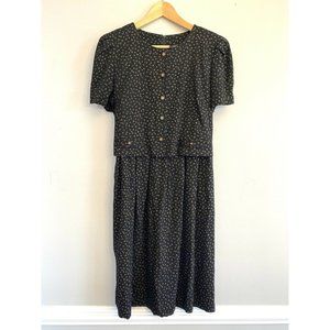 80s VINTAGE TORI ALEXANDER DRESSS BLACK SIZE 10 Button Down Short Sleeve MIDI